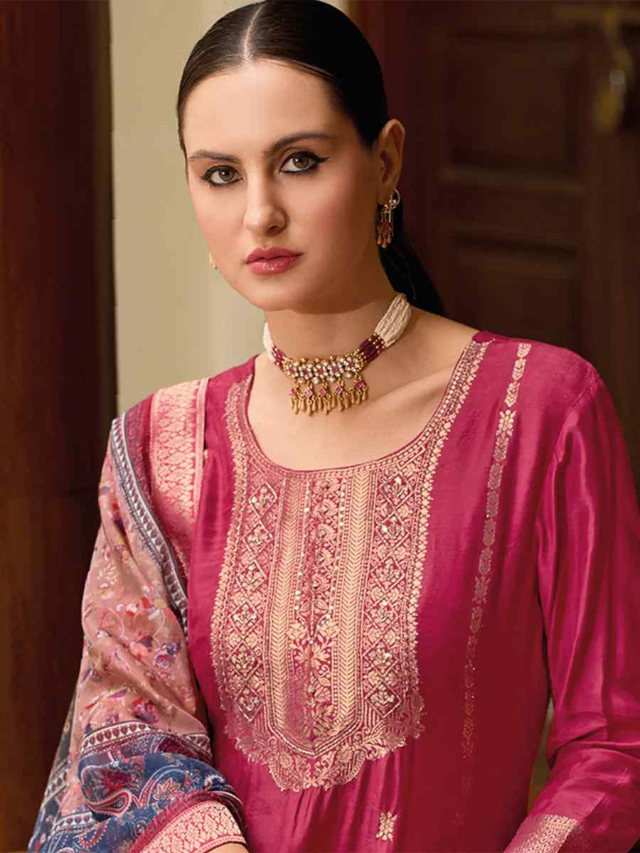 Cherry Red Viscose Self Jacquard Embroidered Festival Casual Ready Pant Salwar Kameez