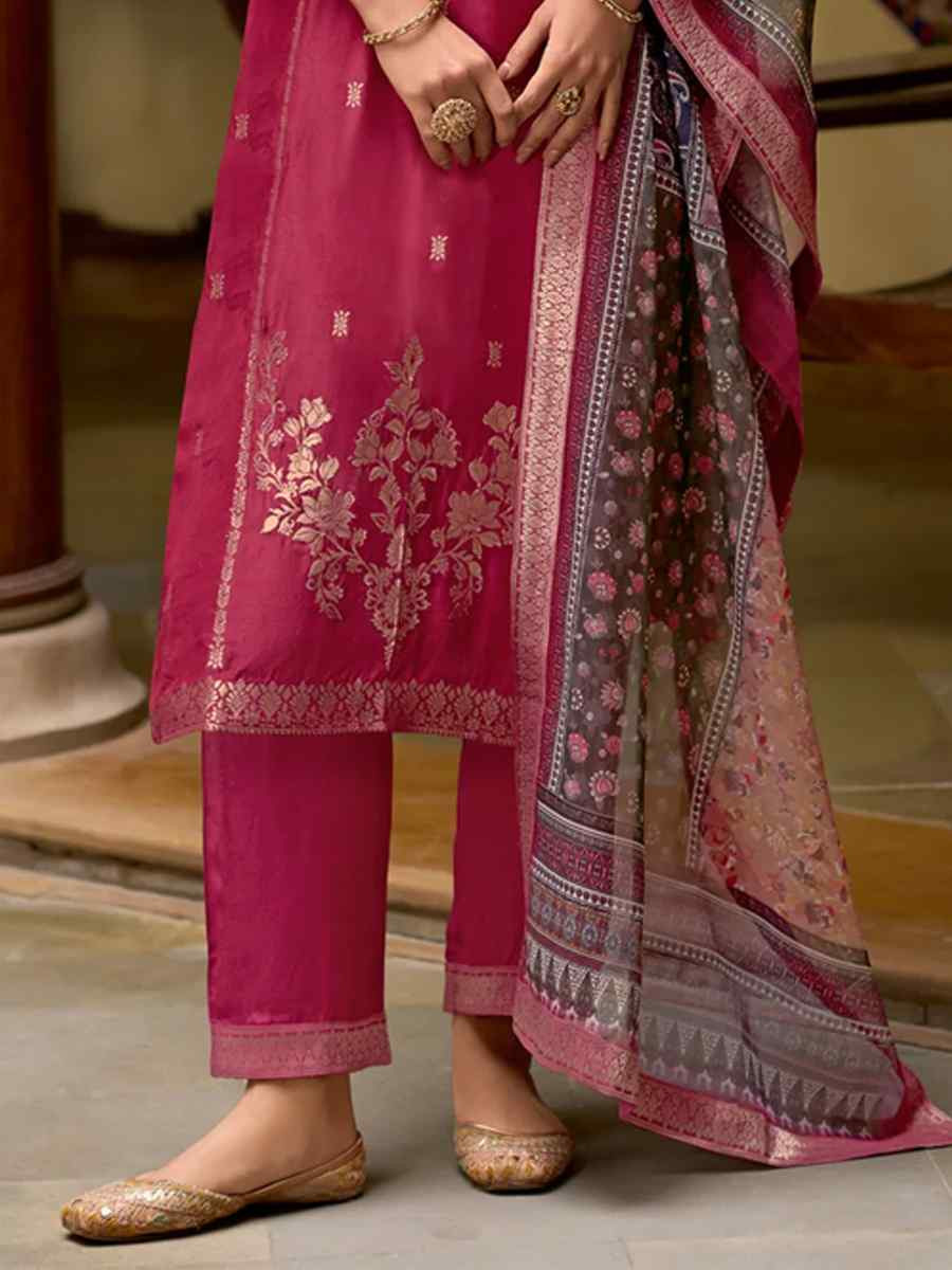 Cherry Red Viscose Self Jacquard Embroidered Festival Casual Ready Pant Salwar Kameez