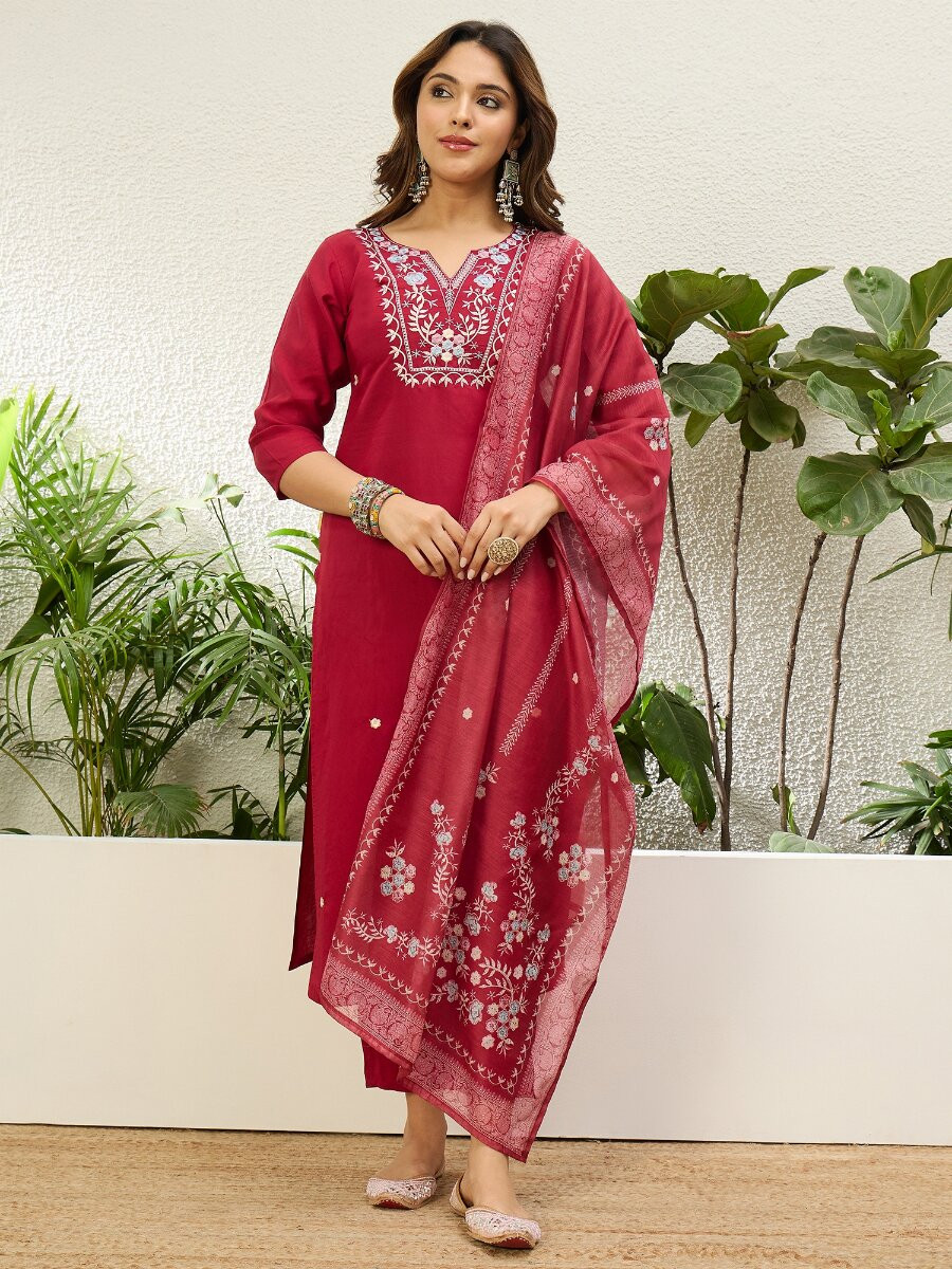 Cherry Roman Silk Embroidery Wedding Party Festival Casual Pant Salwar Kameez