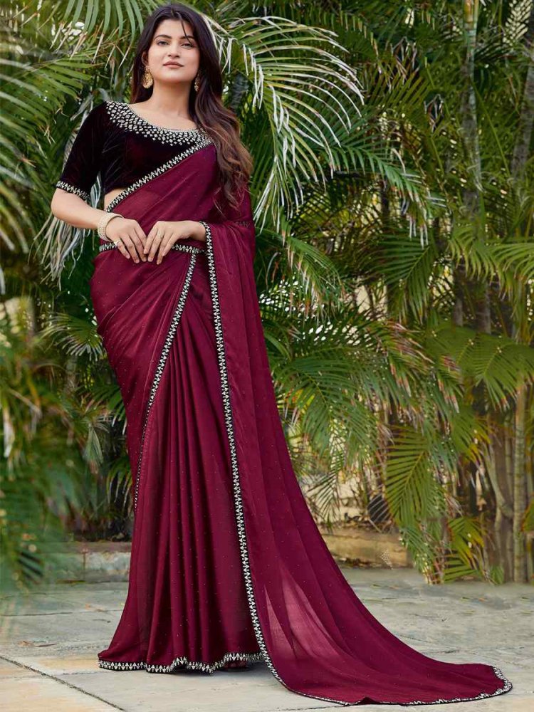 Cherry Satin Silk Chiffon Embroidered Reception Party Classic Style Saree