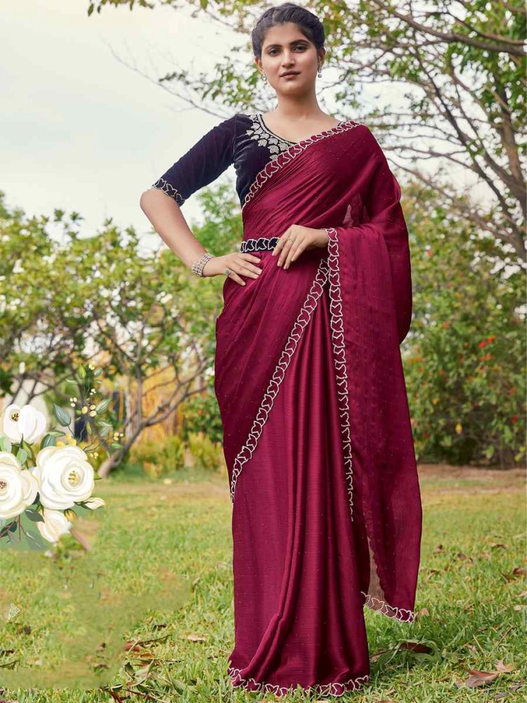 Cherry Satin Silk Chiffon Embroidered Reception Party Classic Style Saree