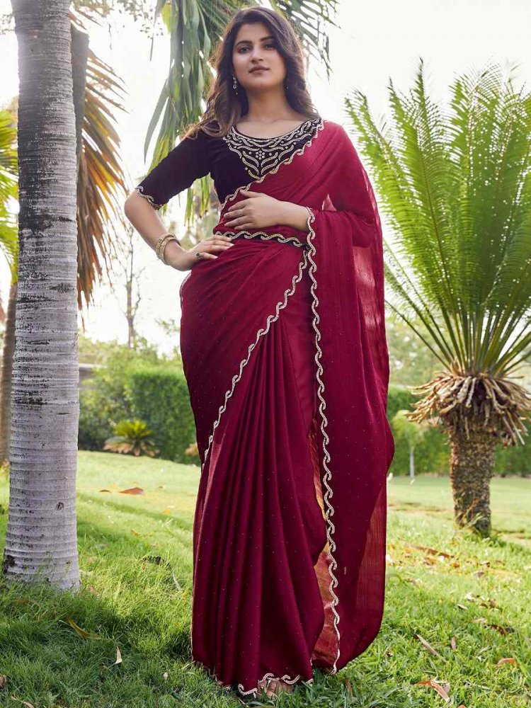 Cherry Satin Silk Chiffon Handwoven Reception Party Heavy Border Saree