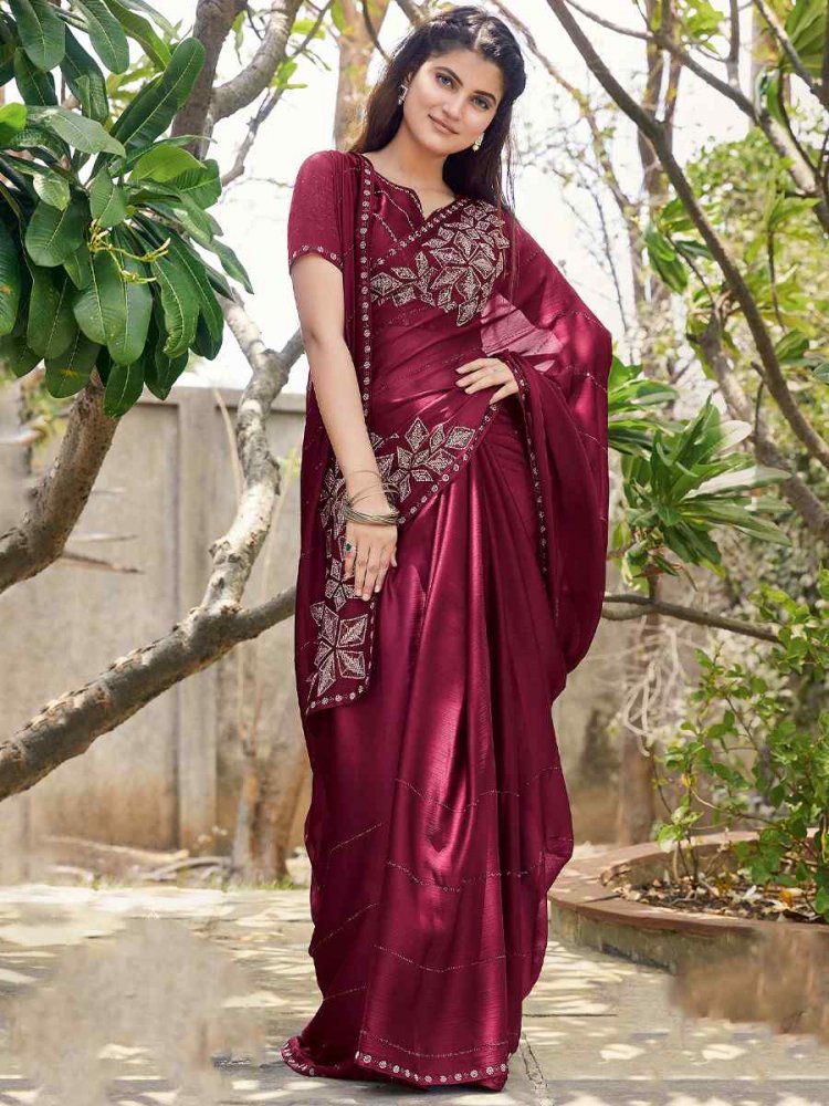 Cherry Satin Silk Chiffon Handwoven Reception Party Heavy Border Saree