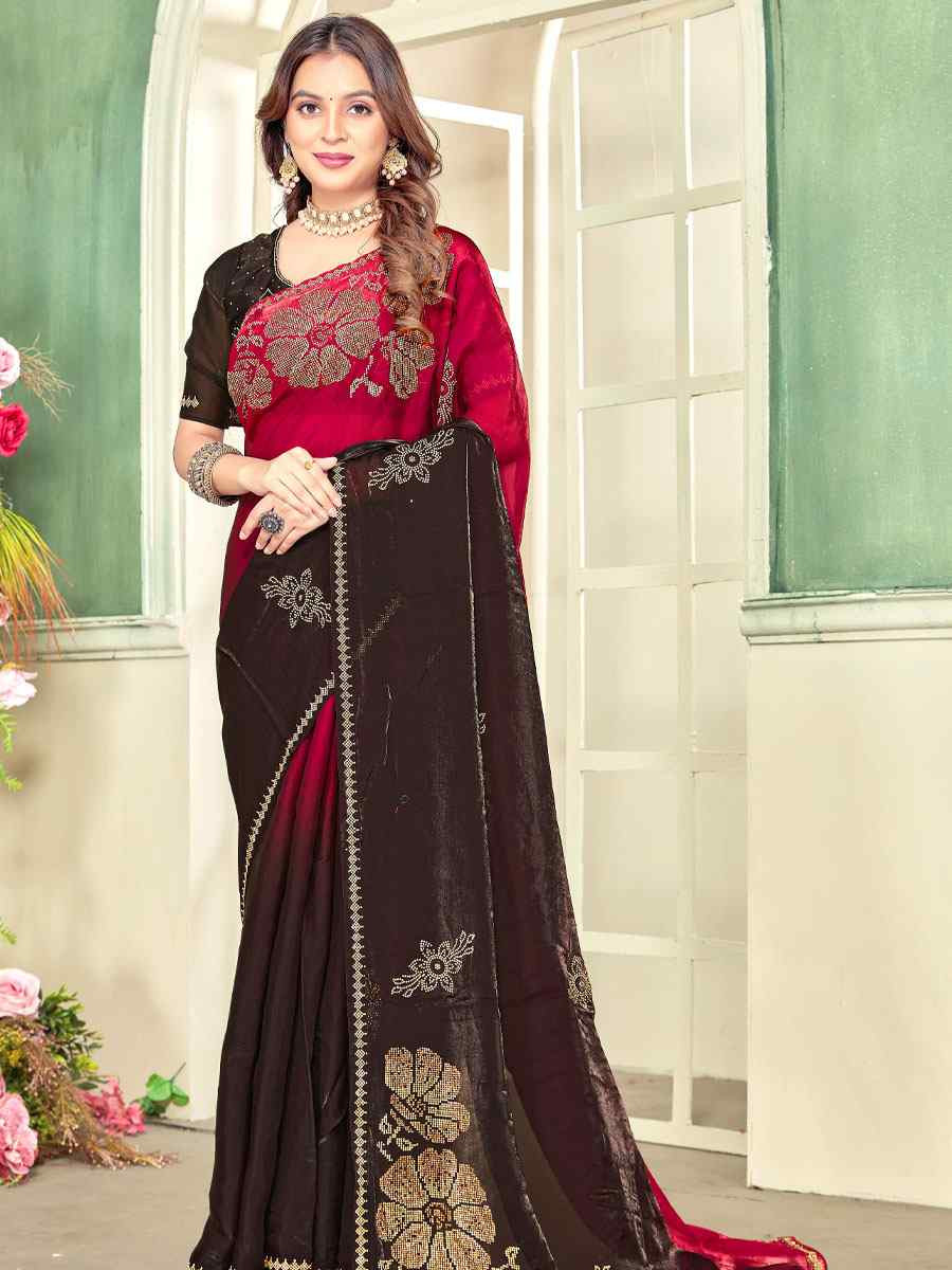 Chery Red Fendi Satin Silk Zircon Hand Embroidery Bridal Reception Festival Wedding Fancy Heavy Border Sarees