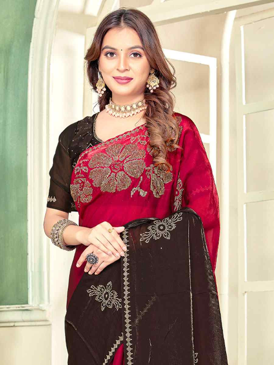 Chery Red Fendi Satin Silk Zircon Hand Embroidery Bridal Reception Festival Wedding Fancy Heavy Border Sarees