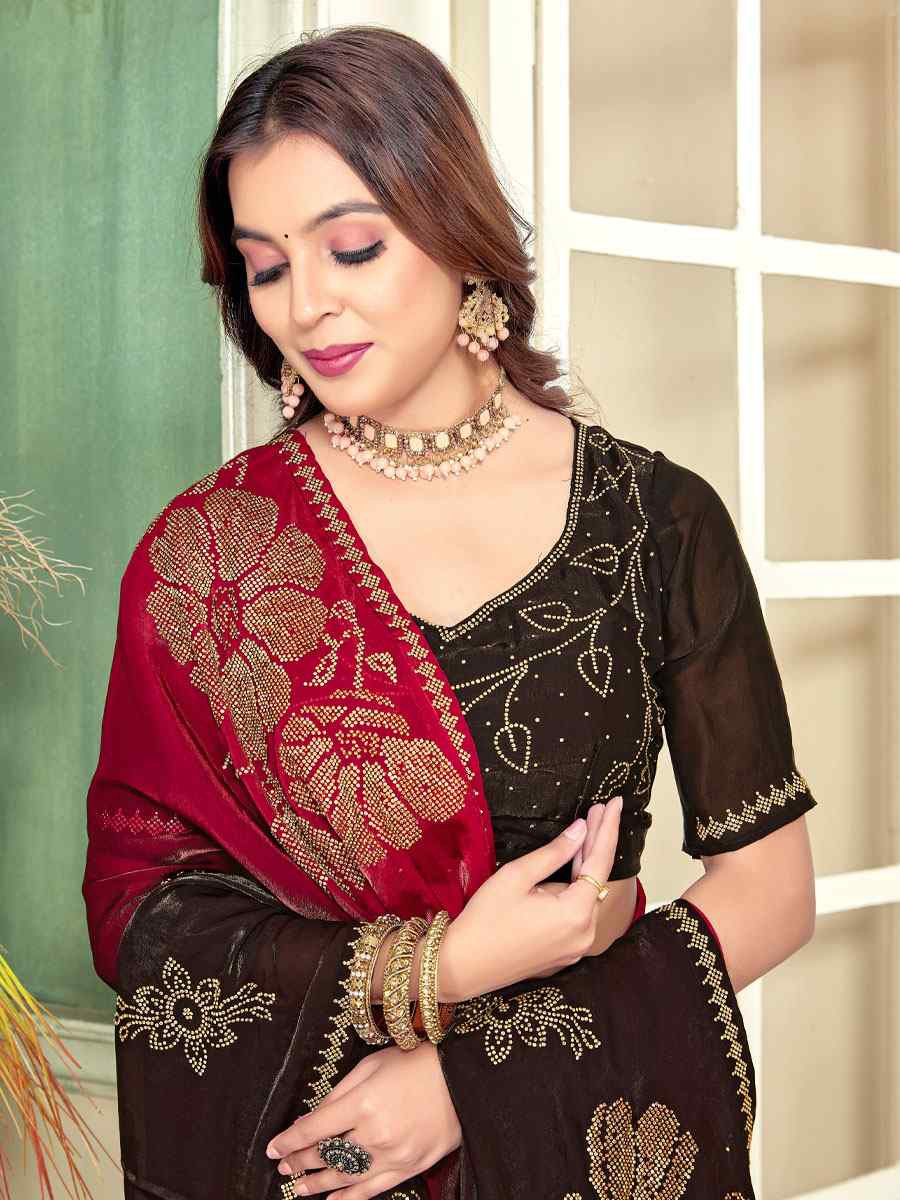 Chery Red Fendi Satin Silk Zircon Hand Embroidery Bridal Reception Festival Wedding Fancy Heavy Border Sarees