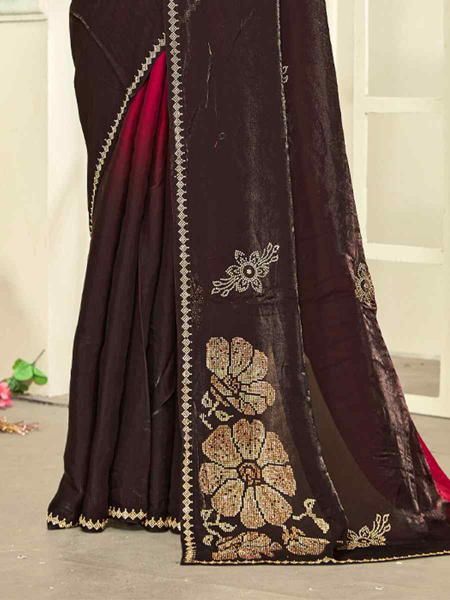 Chery Red Fendi Satin Silk Zircon Hand Embroidery Bridal Reception Festival Wedding Fancy Heavy Border Sarees