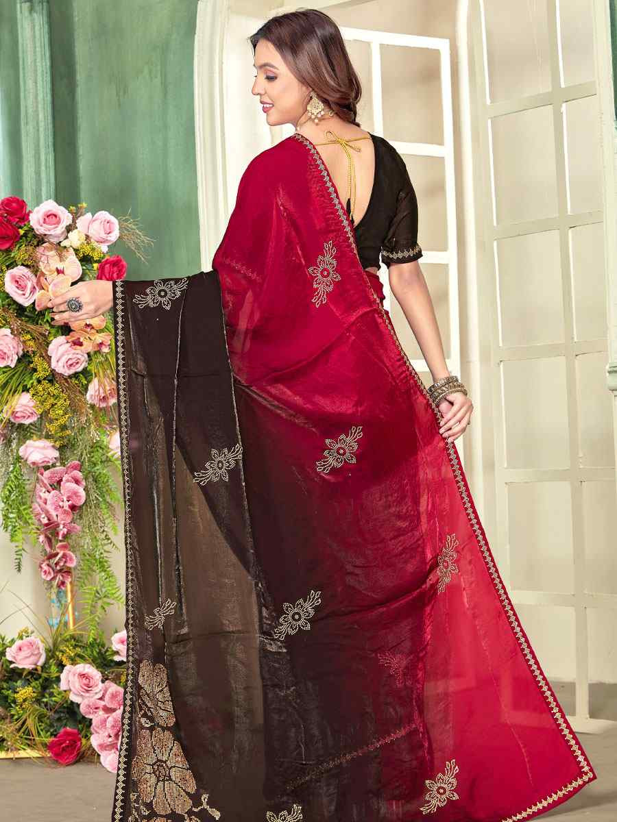 Chery Red Fendi Satin Silk Zircon Hand Embroidery Bridal Reception Festival Wedding Fancy Heavy Border Sarees