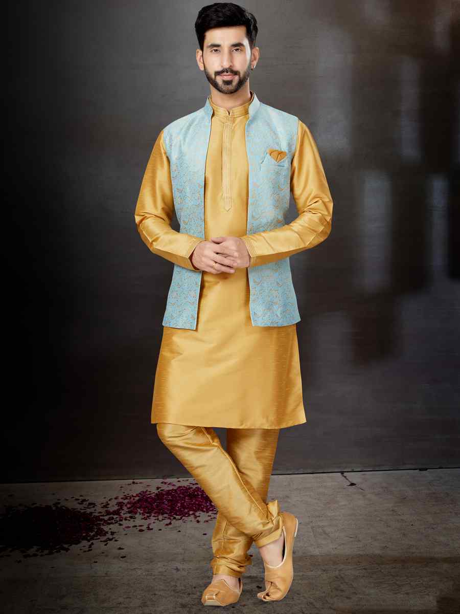 Chikoo Silk Dupion Woven Festival Wedding Kurta