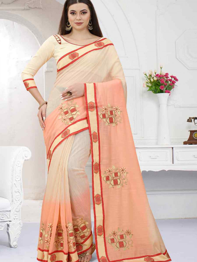 Image of Chiku And Orange And Orange Art Silk Embroidery Casual Reception Festival Wedding Fancy Heavy Border Saree
