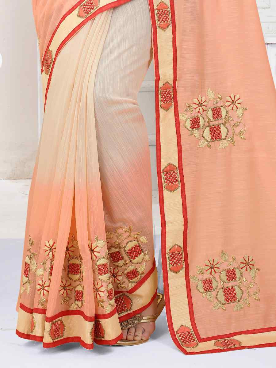 Chiku And Orange And Orange Art Silk Embroidery Casual Reception Festival Wedding Fancy Heavy Border Saree