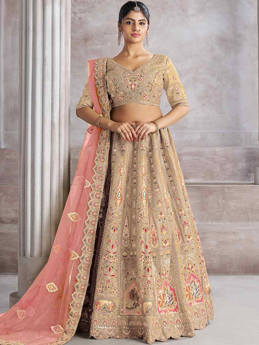 Chiku Banarasi silk Embroidered Wedding Bridesmaid Heavy Border Lehenga Choli