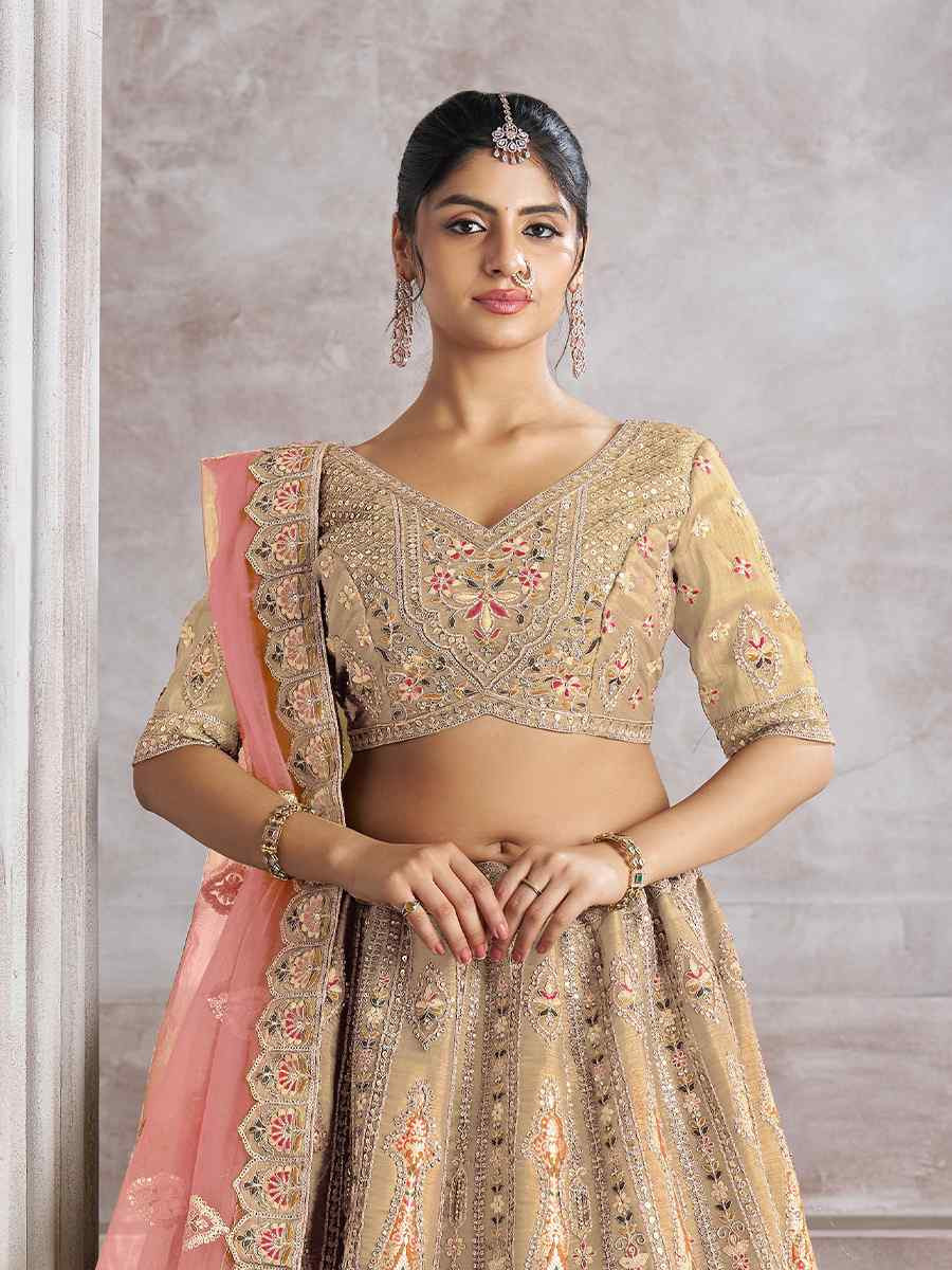 Chiku Banarasi silk Embroidered Wedding Bridesmaid Heavy Border Lehenga Choli