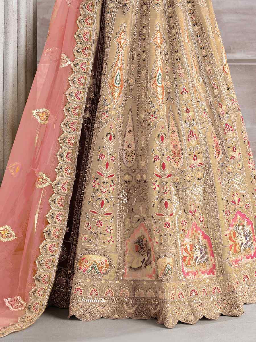 Chiku Banarasi silk Embroidered Wedding Bridesmaid Heavy Border Lehenga Choli