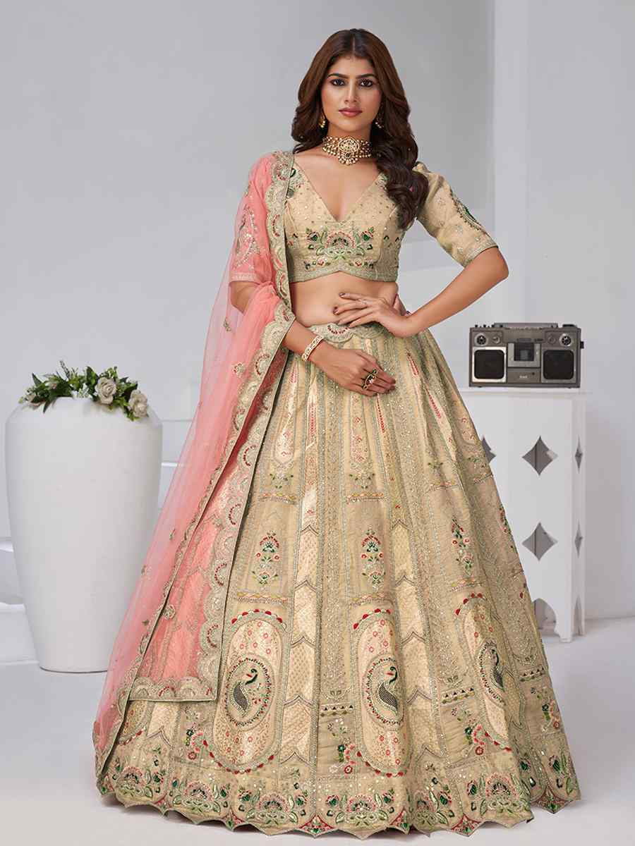 Chiku Banarsi Silk Embroidered Wedding Reception Festival Heavy Border Lehenga Choli