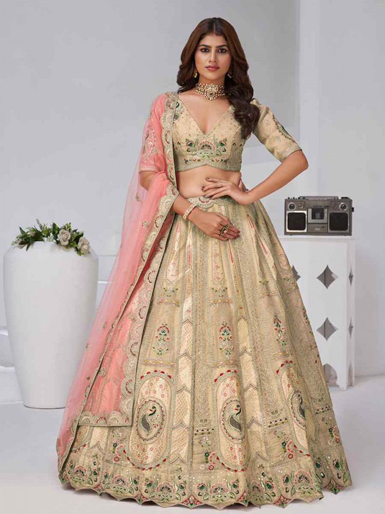 Image of Chiku Banarsi Silk Embroidered Wedding Reception Festival Heavy Border Lehenga Choli