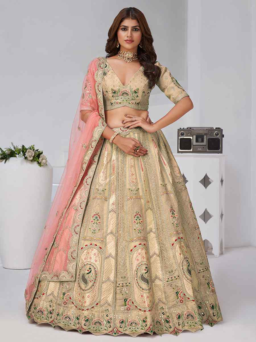 Chiku Banarsi Silk Embroidered Wedding Reception Festival Heavy Border Lehenga Choli