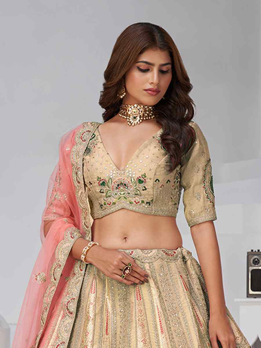 Chiku Banarsi Silk Embroidered Wedding Reception Festival Heavy Border Lehenga Choli