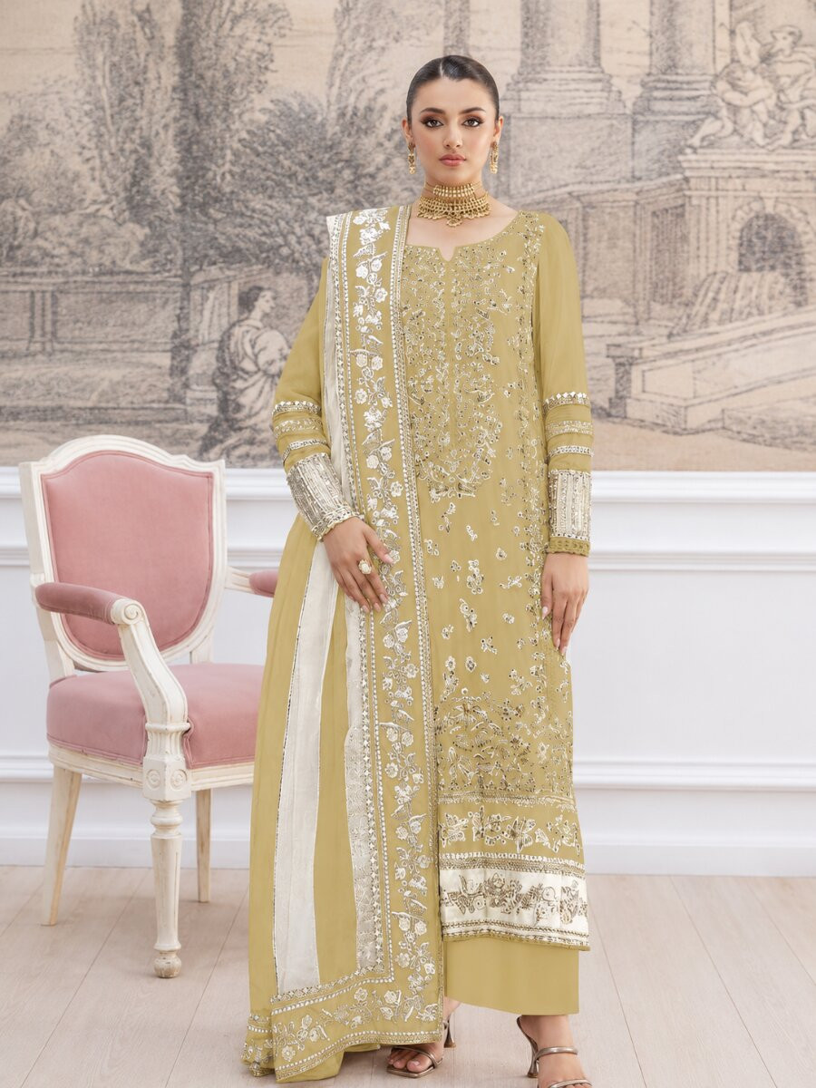 Chiku Crunchy Embroidery Zari Sequins Khatli Work Wedding Party Festival Casual Palazzo Pant Salwar Kameez