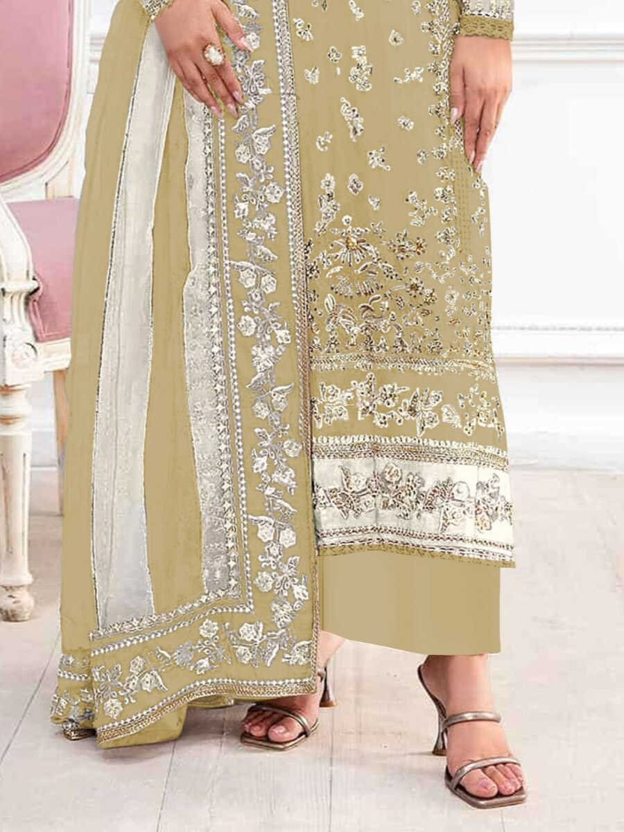 Chiku Crunchy Embroidery Zari Sequins Khatli Work Wedding Party Festival Casual Palazzo Pant Salwar Kameez