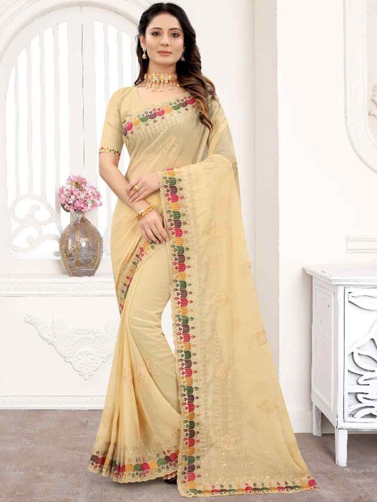 Chiku Georgette Embroidered Party Festival Heavy Border Saree