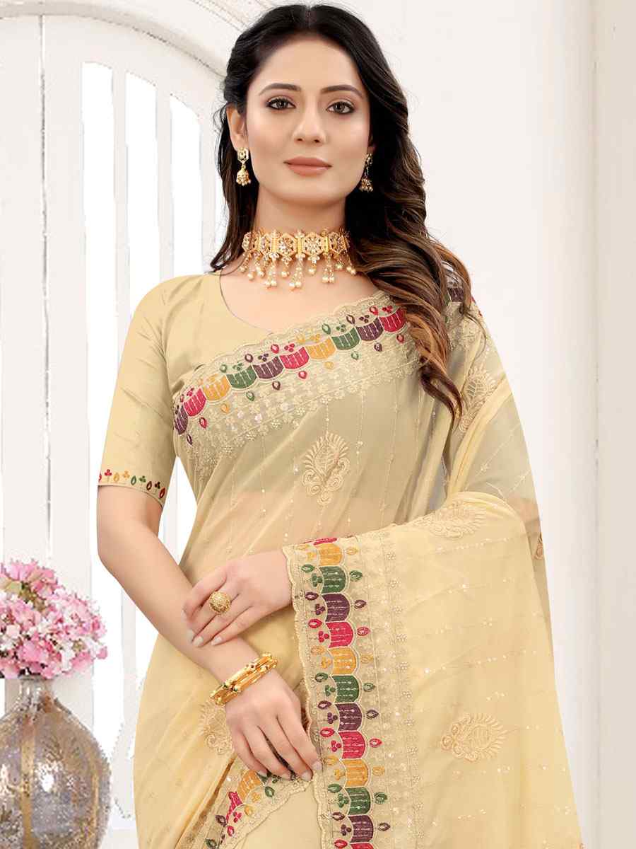 Chiku Georgette Embroidered Party Festival Heavy Border Saree