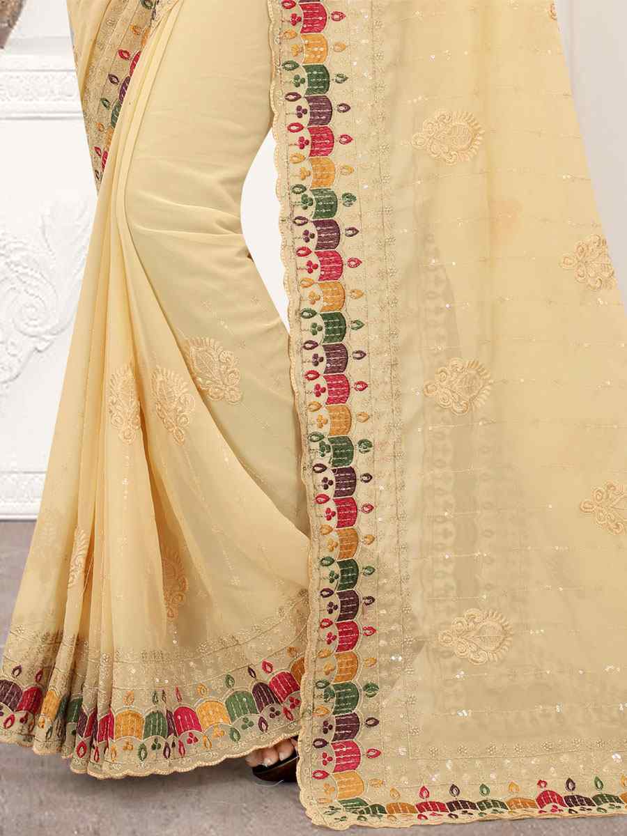 Chiku Georgette Embroidered Party Festival Heavy Border Saree