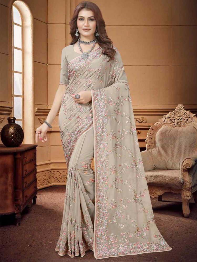 Chiku Georgette Embroidered Wedding Festival Heavy Border Saree