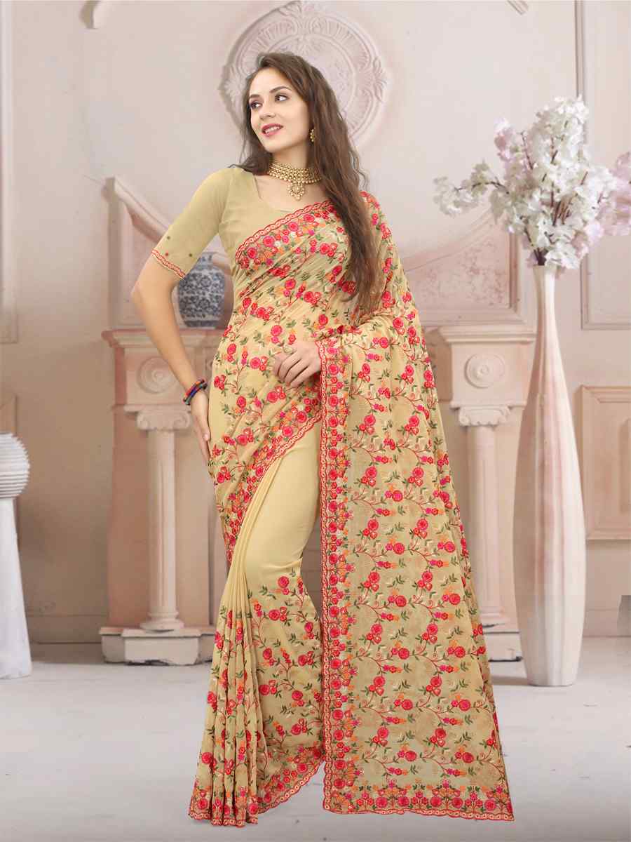 Chiku Georgette Embroidered Wedding Party Georgette Classic Style Saree