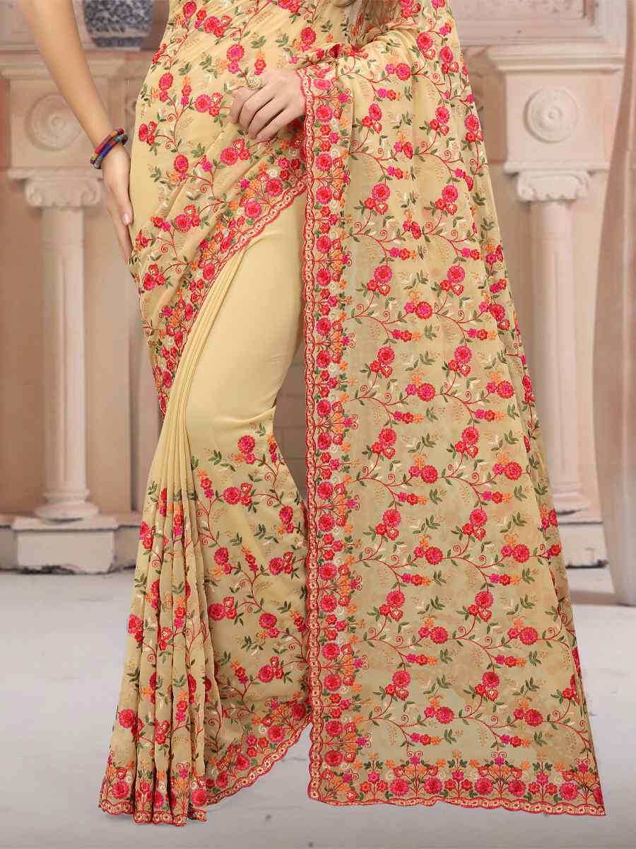 Chiku Georgette Embroidered Wedding Party Georgette Classic Style Saree