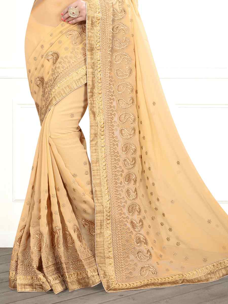 Chiku Georgette Handwoven Wedding Festival Heavy Border Saree