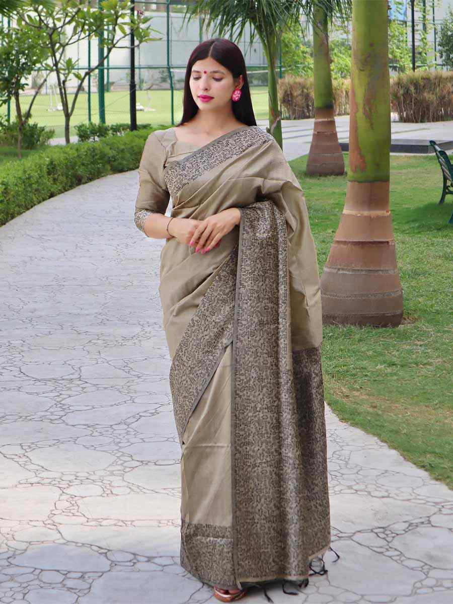 Chiku Handloom Raw Silk Handwoven Wedding Festival Heavy Border Saree