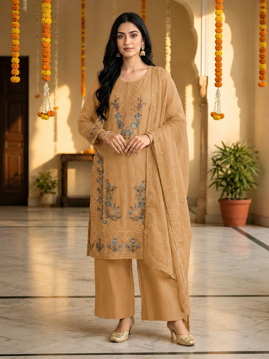 Chiku Heavy Chiffon Embroidery Beads Wedding Party Festival Casual Palazzo Pant Salwar Kameez