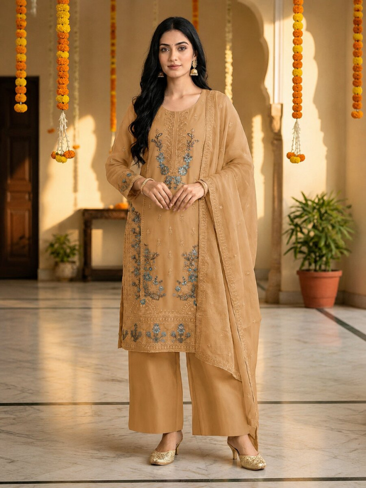 Image of Chiku Heavy Chiffon Embroidery Beads Wedding Party Festival Casual Palazzo Pant Salwar Kameez