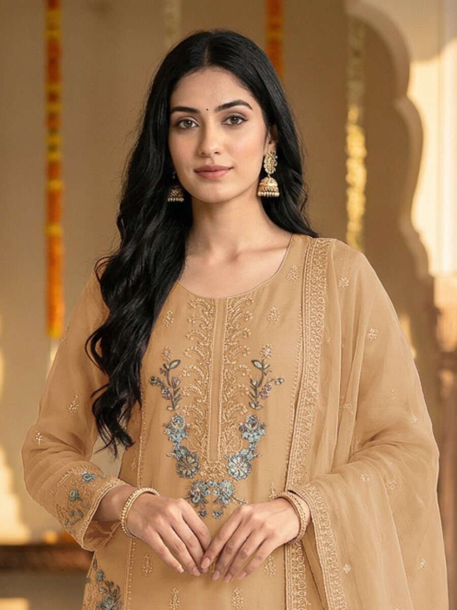 Chiku Heavy Chiffon Embroidery Beads Wedding Party Festival Casual Palazzo Pant Salwar Kameez