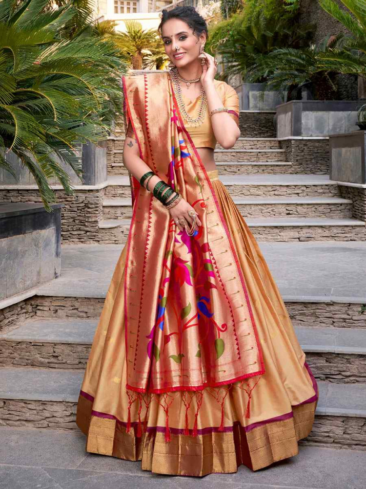 Chiku Jacquard Silk Printed And Handwoven Party Reception Wedding Lehenga Choli