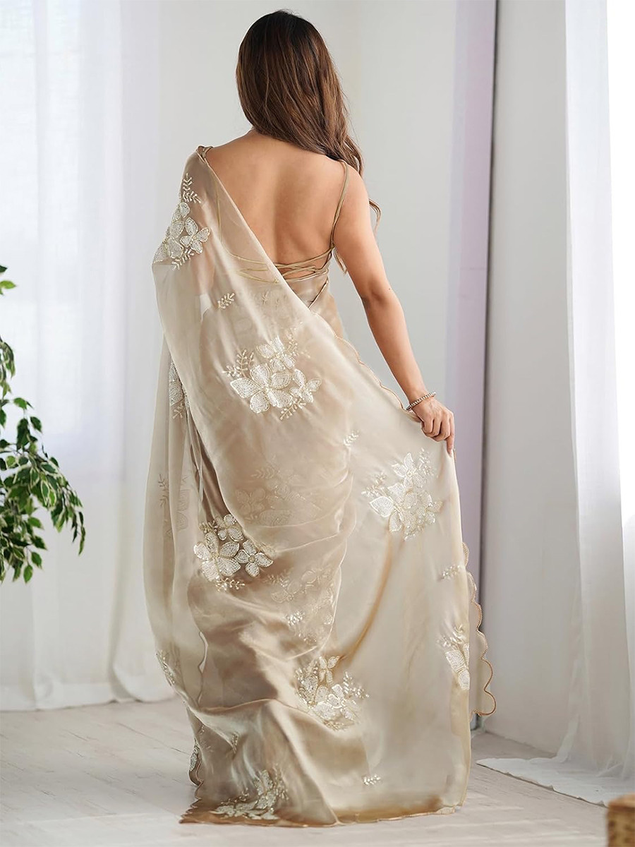 Chiku Jimmy Choo Organza Embroidery Sequins Wedding Reception Party Festival Casual Heavy Border Sarees