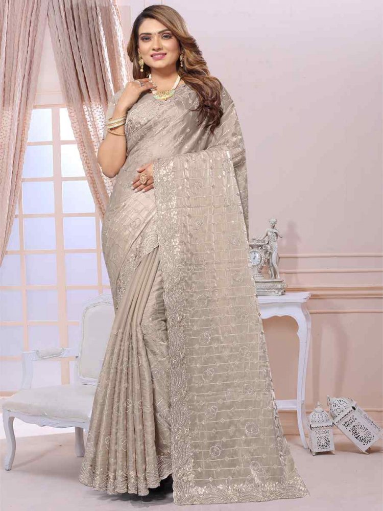 Chiku Jimmy Choo Silk Embroidery Party Reception Heavy Border Saree