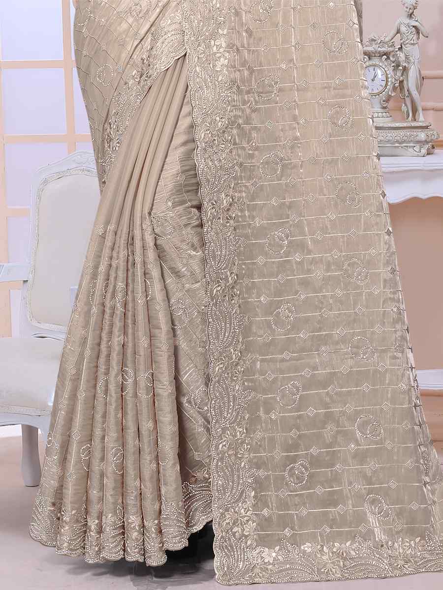 Chiku Jimmy Choo Silk Embroidery Party Reception Heavy Border Saree