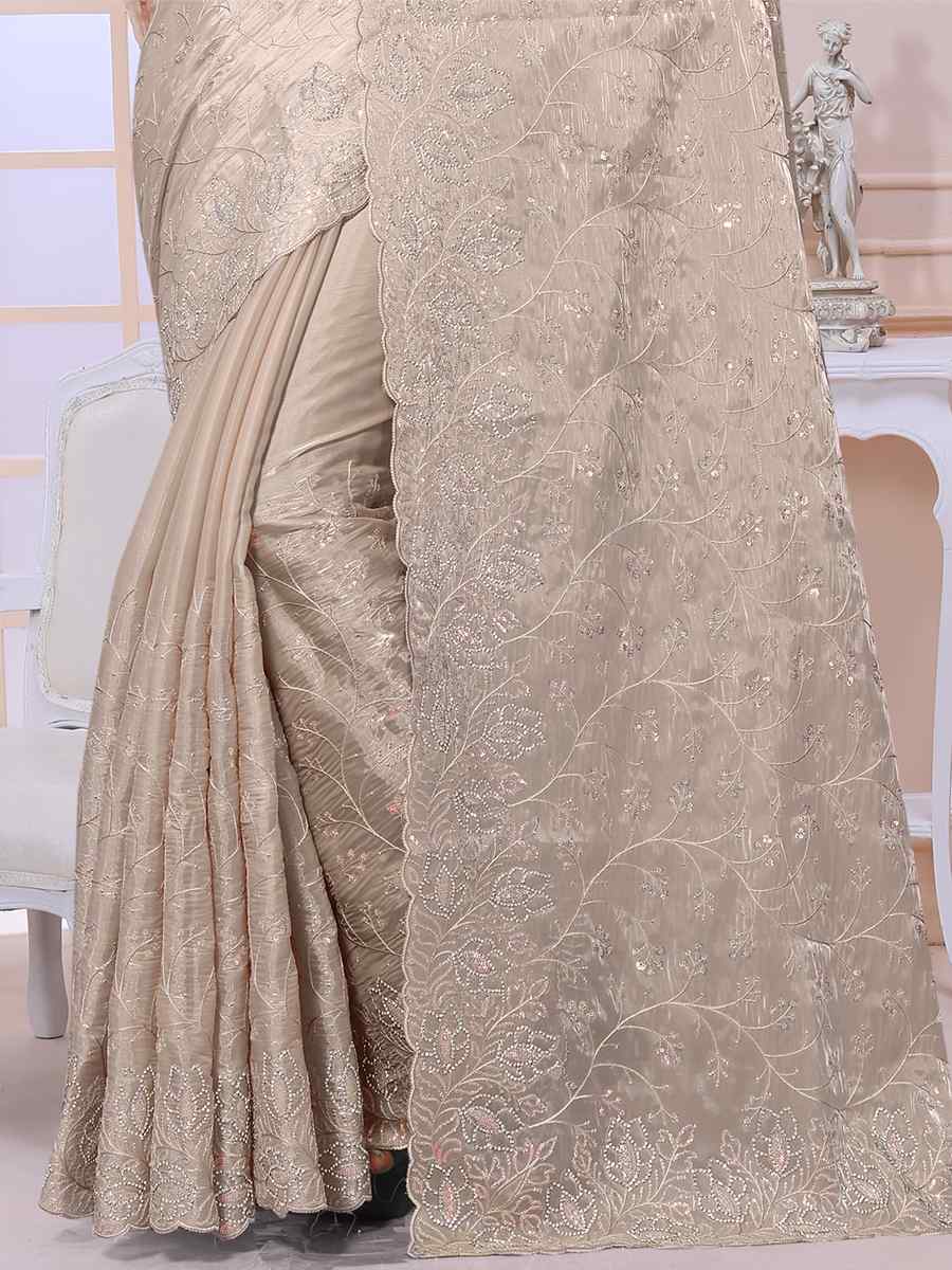 Chiku Jimmy Choo Silk Embroidery Party Reception Heavy Border Saree