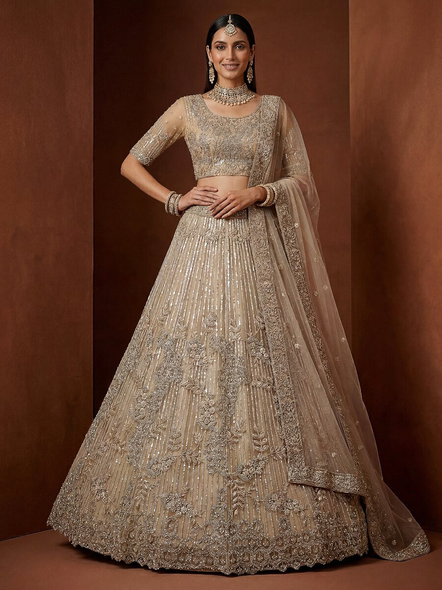 Chiku Net Embroidery Sequins Wedding Reception Party Festival Heavy Border Lehenga Choli
