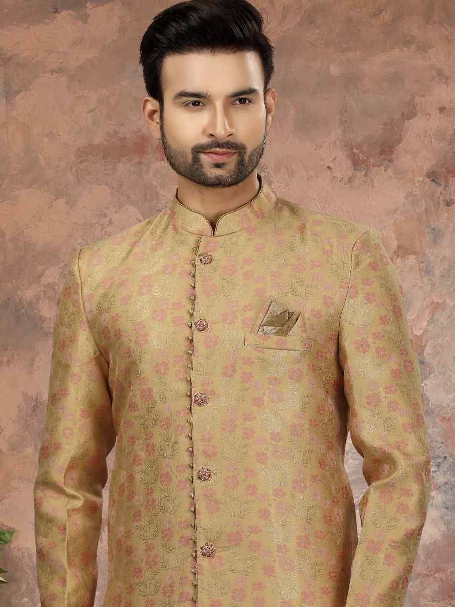 Chiku Pink Jacquard Woven Festival Wedding Sherwani
