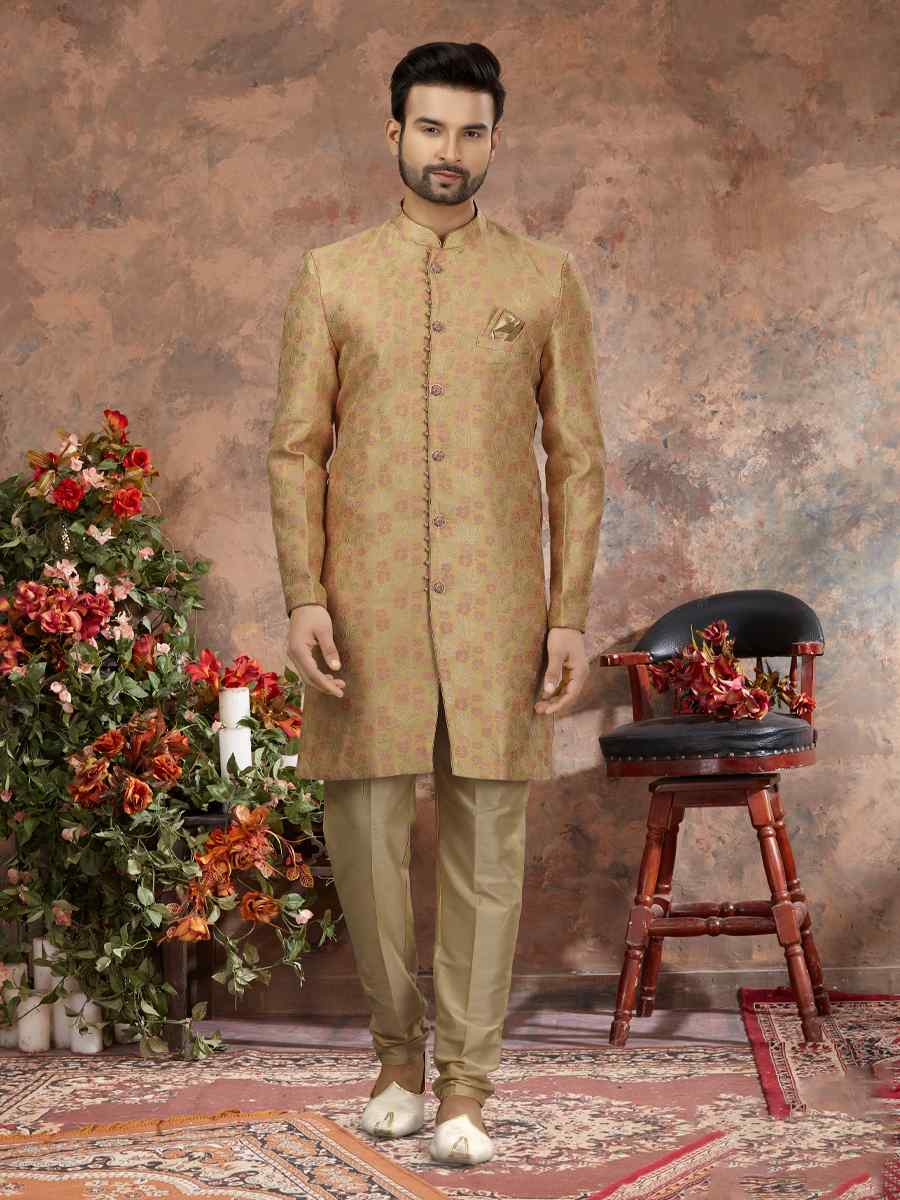 Chiku Pink Jacquard Woven Festival Wedding Sherwani