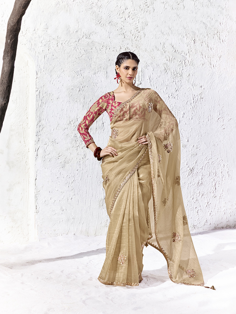 Chiku Premium Luxe Silk Organza Embroidery Sequins Wedding Reception Party Festival Casual Heavy Border Sarees