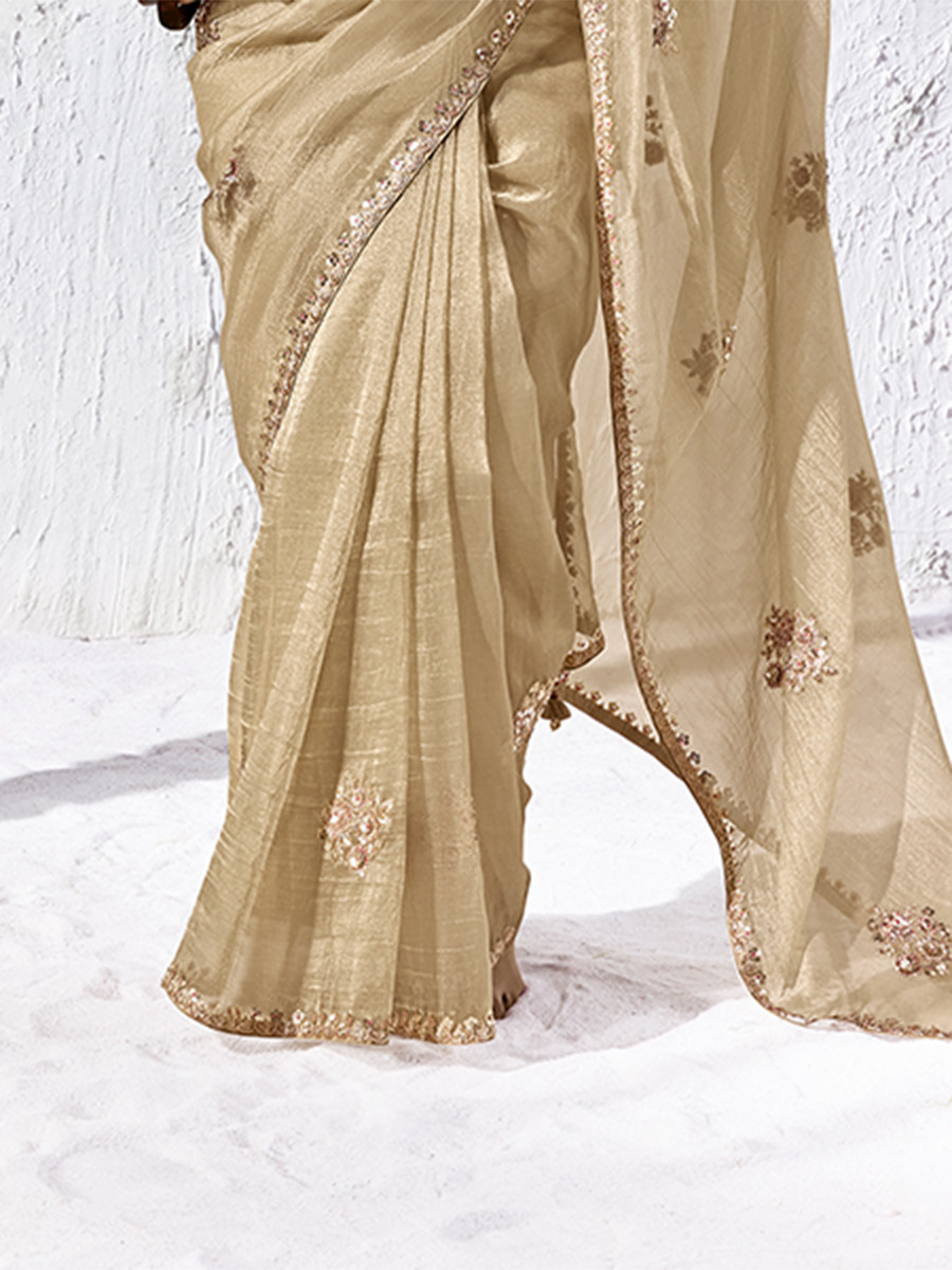 Chiku Premium Luxe Silk Organza Embroidery Sequins Wedding Reception Party Festival Casual Heavy Border Sarees