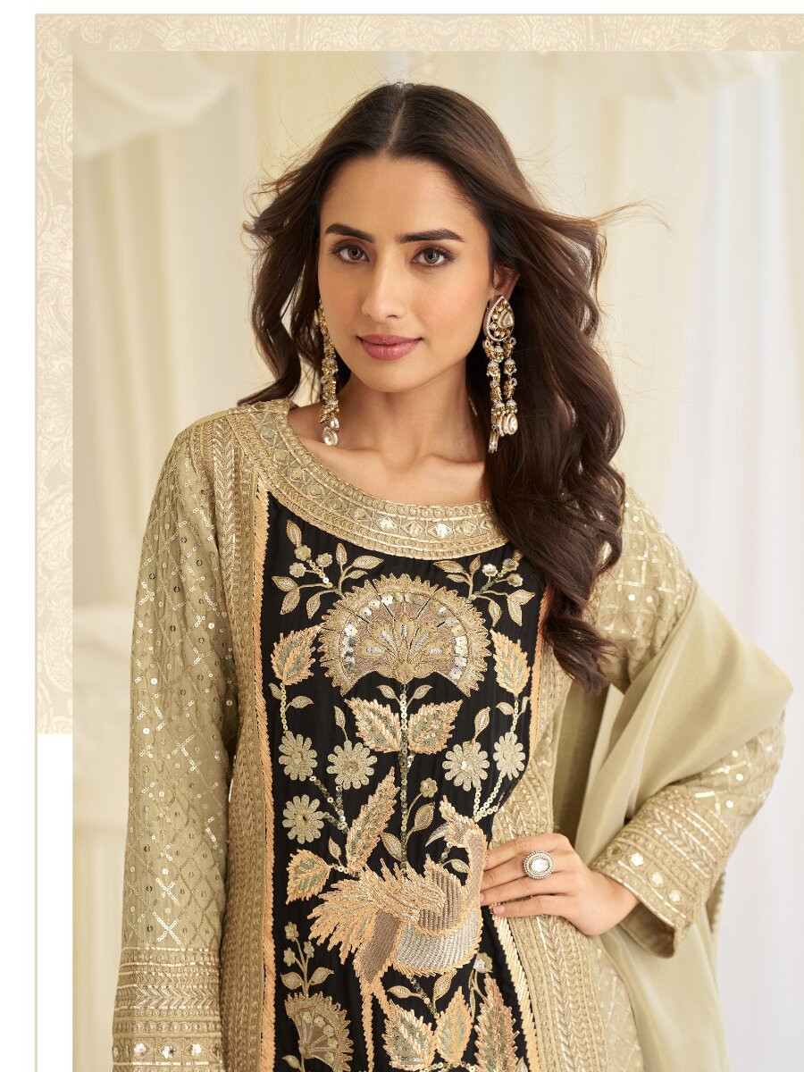 Chiku Premium Shimmer Silk Embroidery Sequins Zari Stone Work Wedding Party Festival Casual Ready Palazzo Pant Salwar Kameez