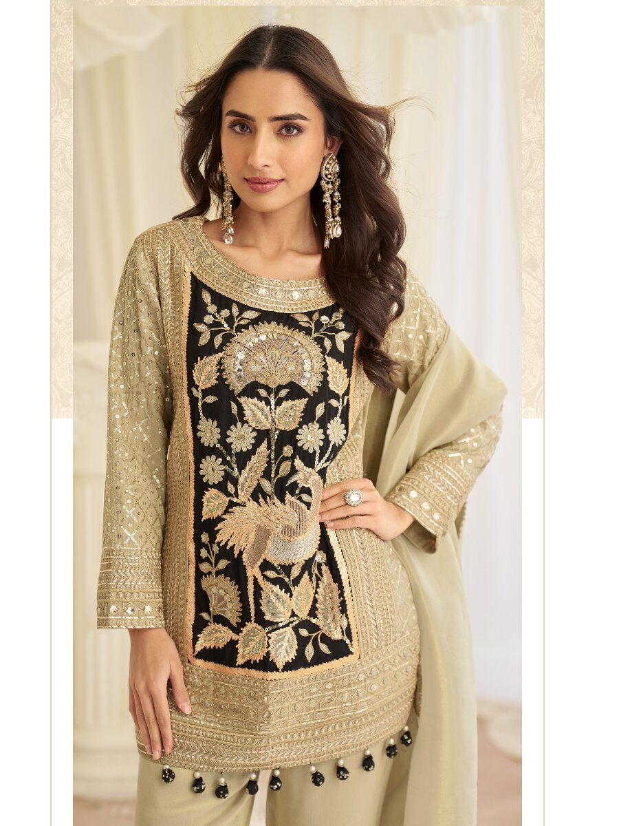 Chiku Premium Shimmer Silk Embroidery Sequins Zari Stone Work Wedding Party Festival Casual Ready Palazzo Pant Salwar Kameez