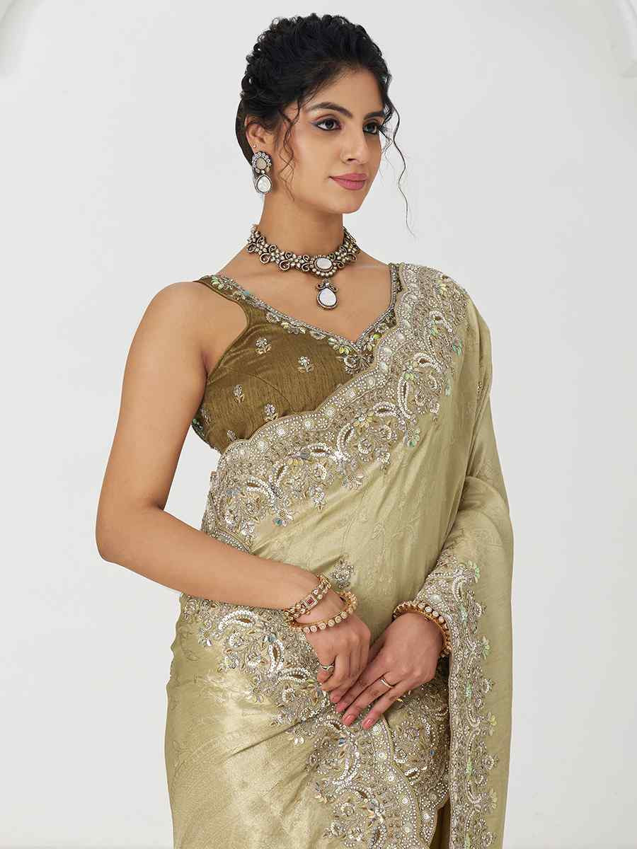 Chiku Pure Dola Viscouse Silk Embroidered Festival Wedding Fancy Heavy Border Saree