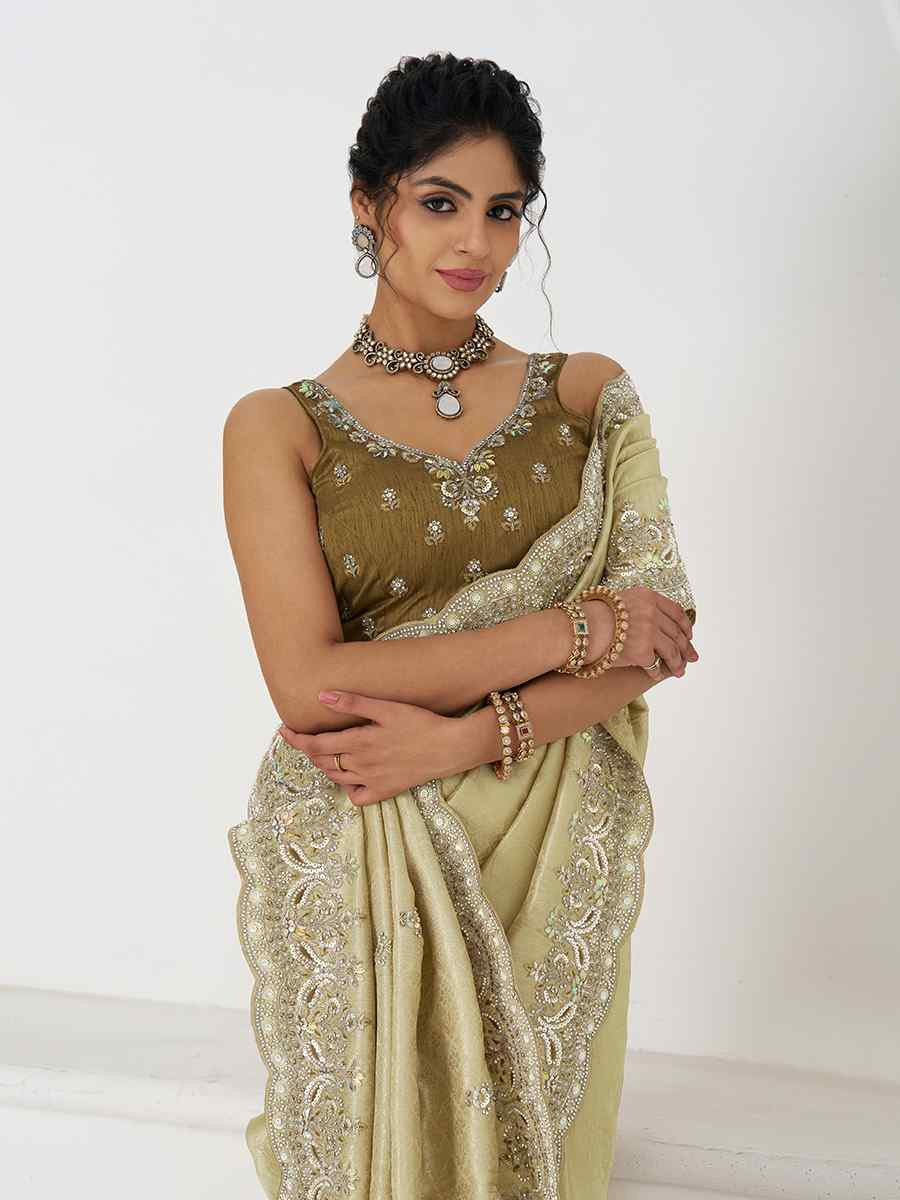 Chiku Pure Dola Viscouse Silk Embroidered Festival Wedding Fancy Heavy Border Saree