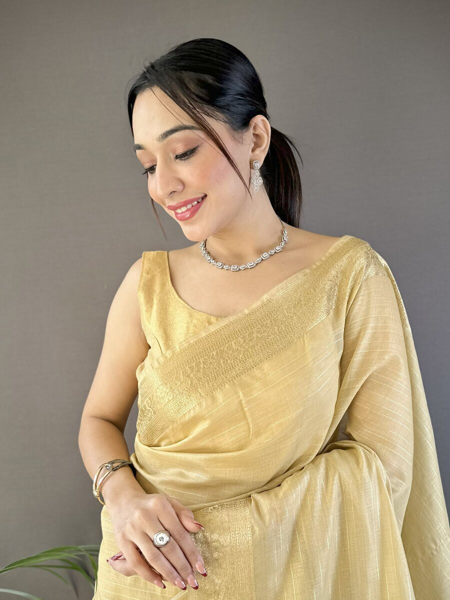 Chiku Soft Cotton Zari Wedding Reception Party Festival Heavy Border Sarees